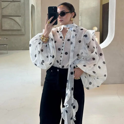 Ticketsx Polka Dot Ruffled Shirts Fashion Contrast Lace Up See Through
