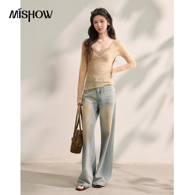 MISHOW Elegant Lace Straps V-Neck Long-sleeve Top Two Piece for Women