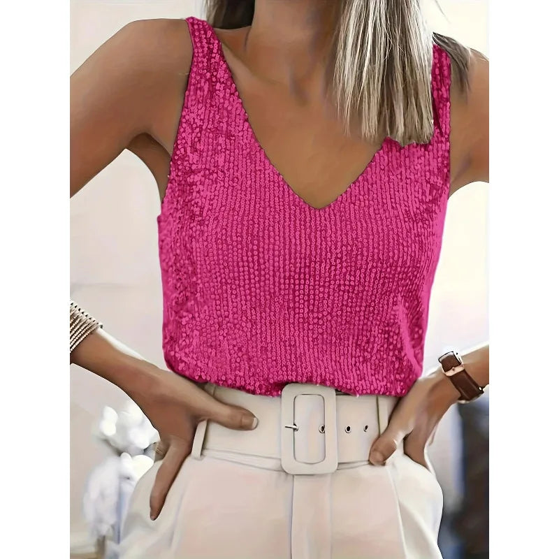 Women Sequin V Neck Tank Top Sleeveless Sparkly Camisole Slim Fit