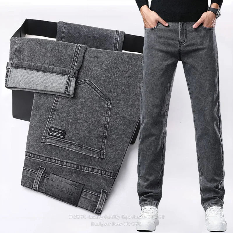 2026 Spring Summer New Men's Slim Fit Elastic Jeans Gray Denim Pants