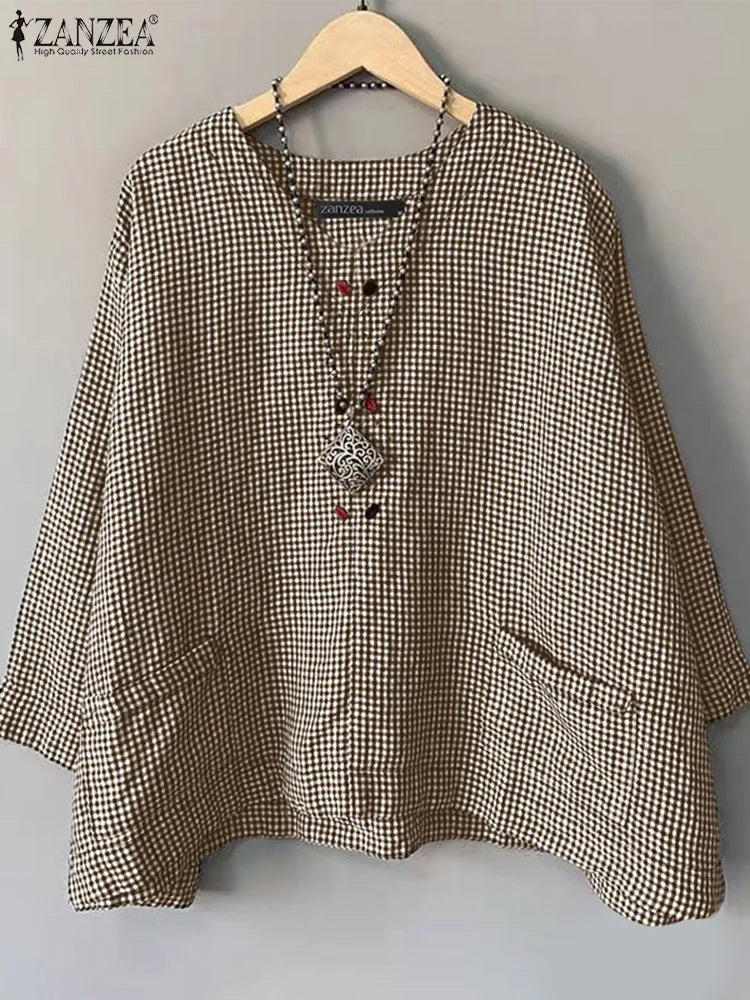 Casual Loose Women Blouse ZANZEA Summer Round Neck Shirt Checked