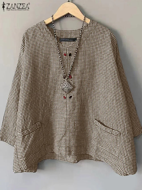 Casual Loose Women Blouse ZANZEA Summer Round Neck Shirt Checked