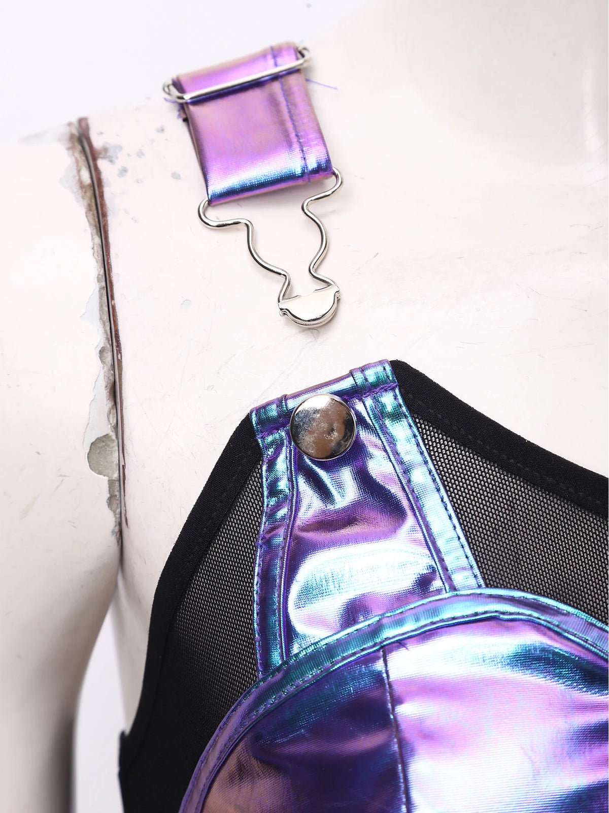 Women Metallic Shiny Punk Style Vest Crop Top Sheer Mesh Adjustable