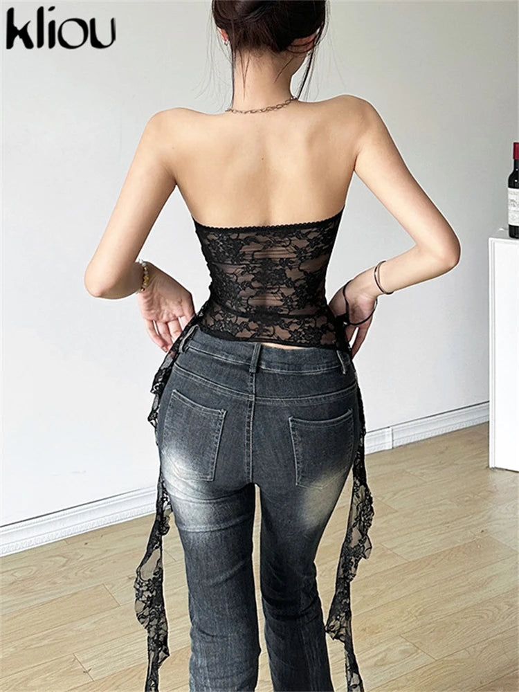 kliou Summer Women Bare Midriff Sexy&Club Lace Crop Tops K24L42811