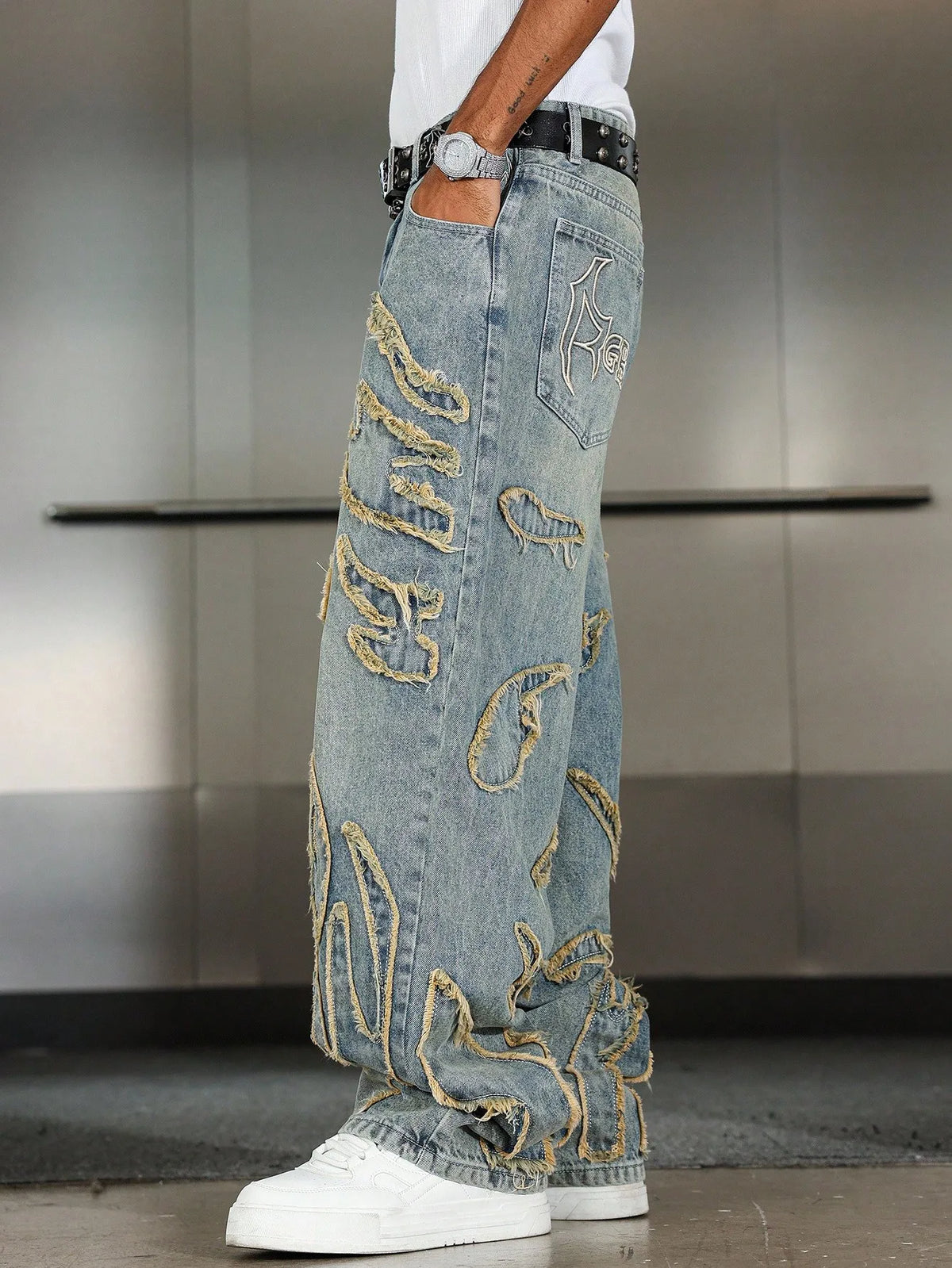 Men's Street Style Casual Patchwork Embroidered Frayed Hem Macau Blue