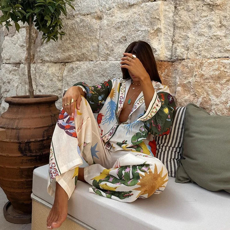 Women Suit 2 piece Suit Set Spring Summer Loose Long sleeve Floral
