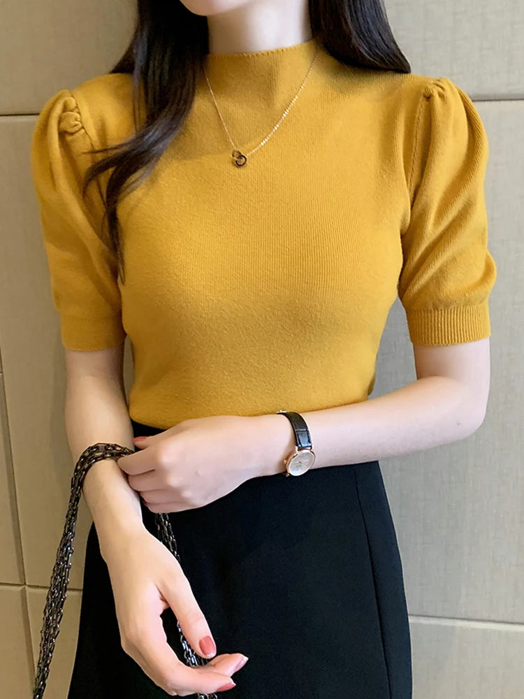 Blusas Mujer De Moda 2023 Verano Short Sleeve White Knitted Sweater