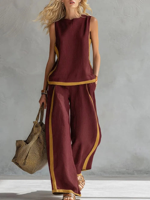 Simple Stripe Print Women's Suits Summer Fashion Sleeveless Loose