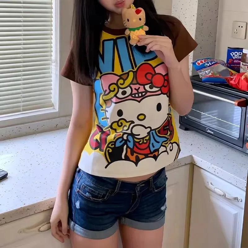 New Sanrio Hello Kitty Anime Fashion Short Tops Y2k Summer Cute Tees