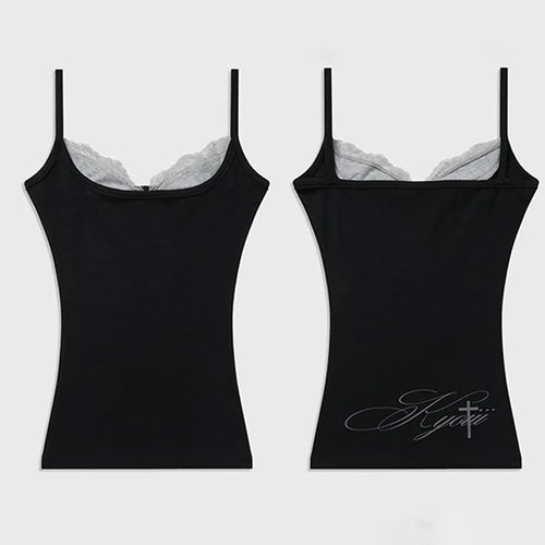 Women White Spaghetti Strap Cami Top Contrast Lace Trim Back Graphic