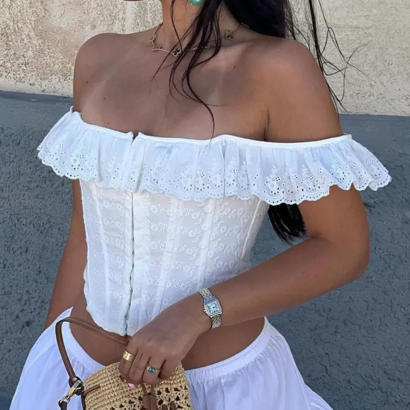 White Lace Ruffle Corset Short Vest for Women Elegant Backless Off