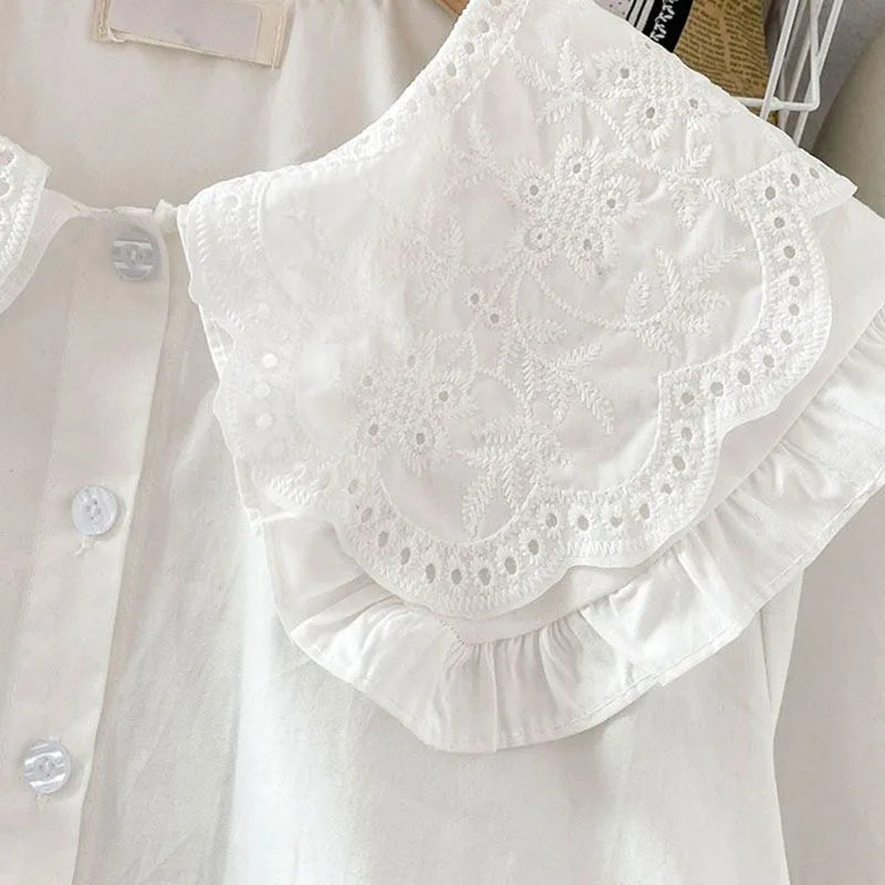 Preppy Style Peter Pan Collar White Shirt Women Spring Summer Long