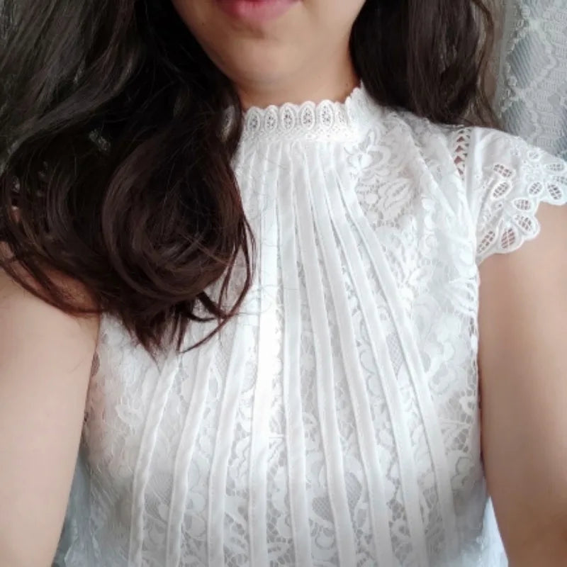 Summer Casual Solid Blouses for Women Petal Sleeve Floral Lace Tops