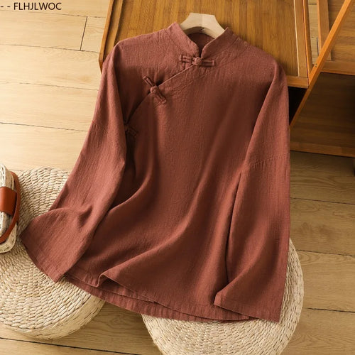 Cotton Linen Tops Chinese Style Chi-pao Collar Design 2025 Autumn