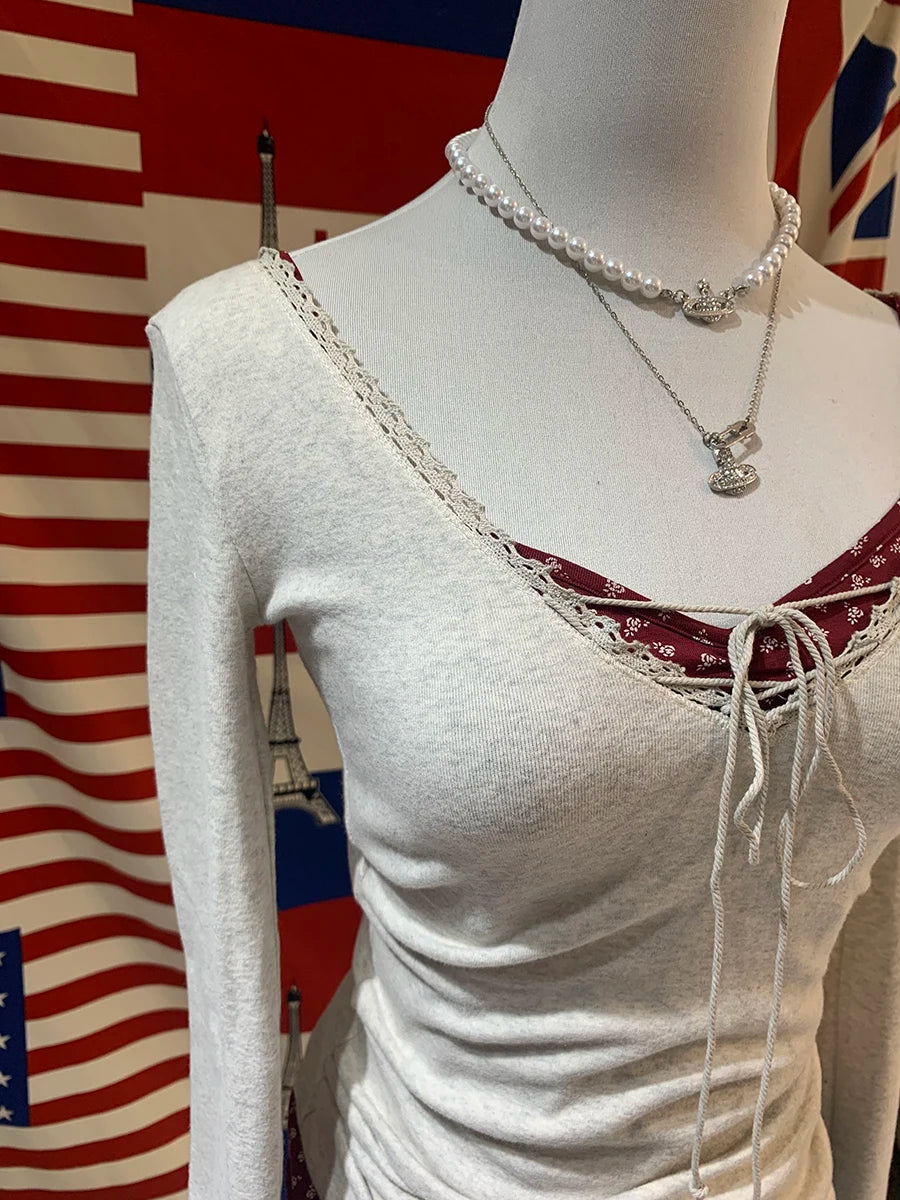 Bandage Lace Trim Long Sleeve T-shirt Autumn Sexy V-neck Cotton Slim