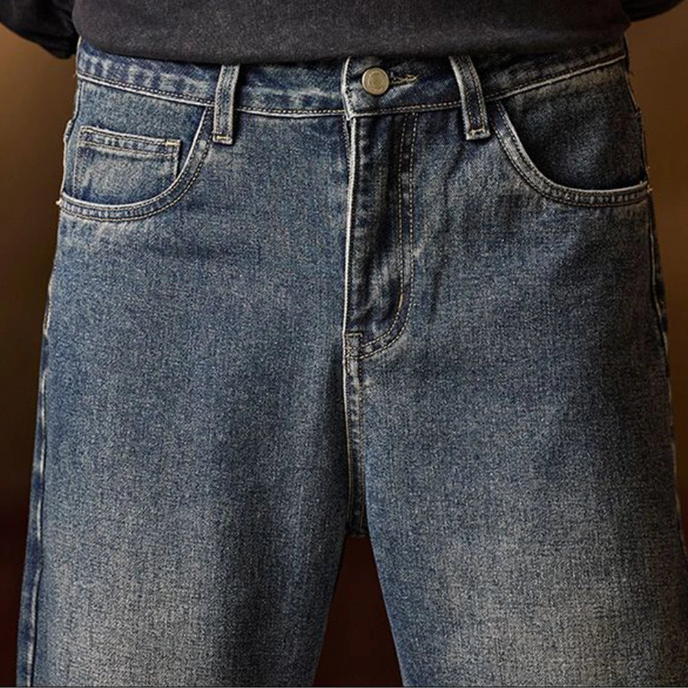 American Men's Y2K Retro Blue Denim Jeans Autumn Spring Relaxed Fit