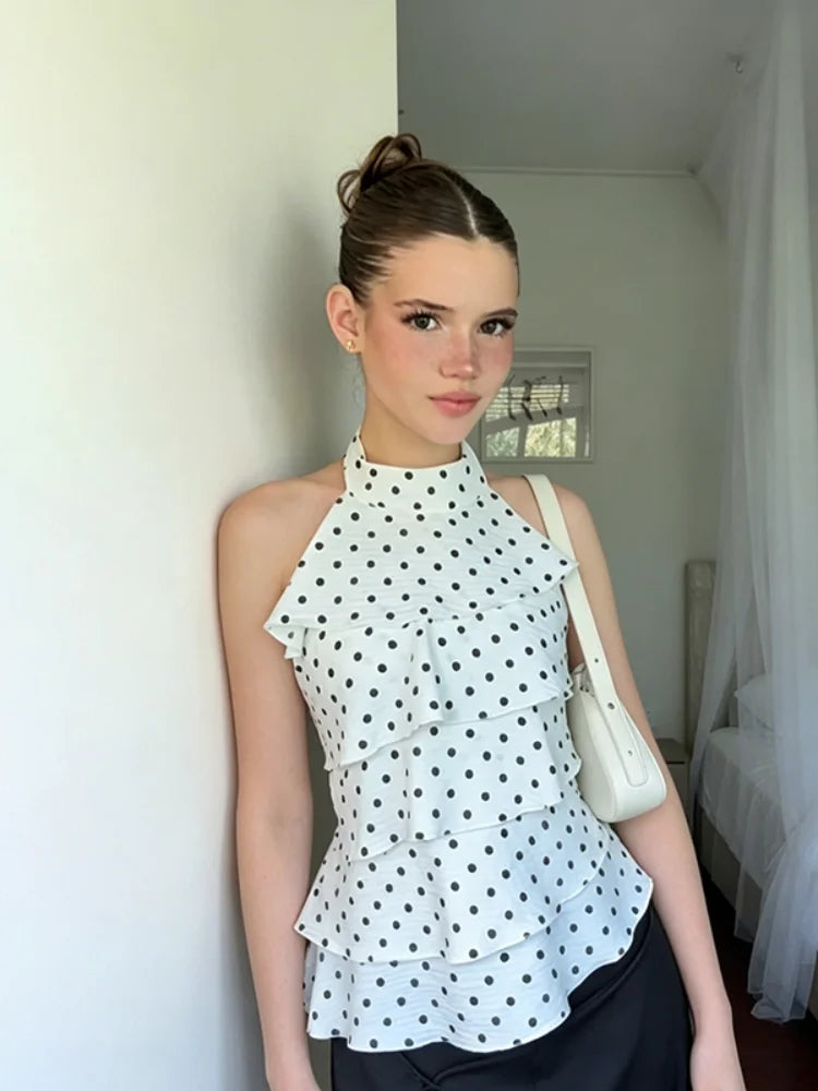 Polka Dot Print Halter Tiered Ruffle Top Women Back Tie Bow Sleeveless