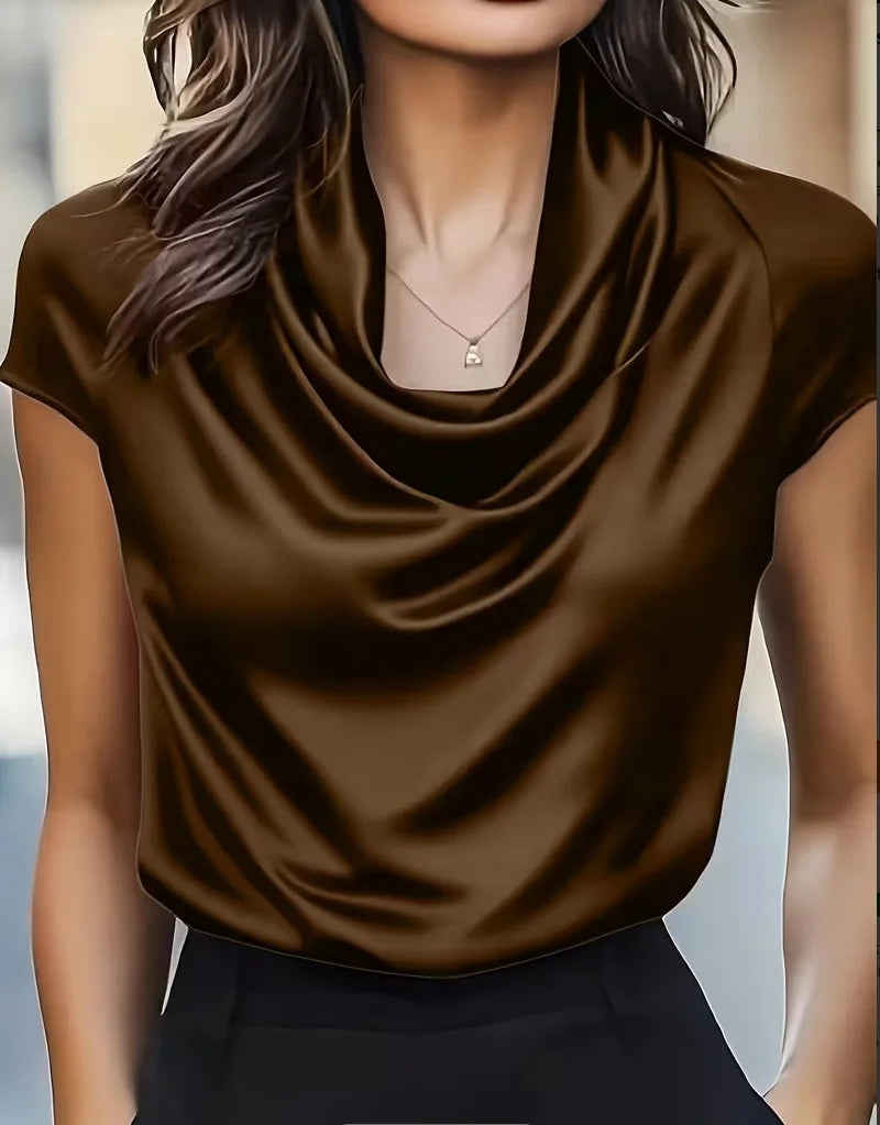 Women Cowl Neck Short Sleeve Satin Blouse Elegant Slim Fit Office Top