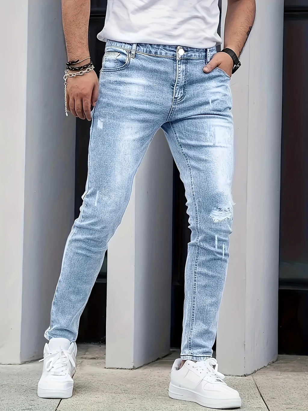 Men'S Slim-Fit Distressed Denim Jeans  Street Style  Light Blue with