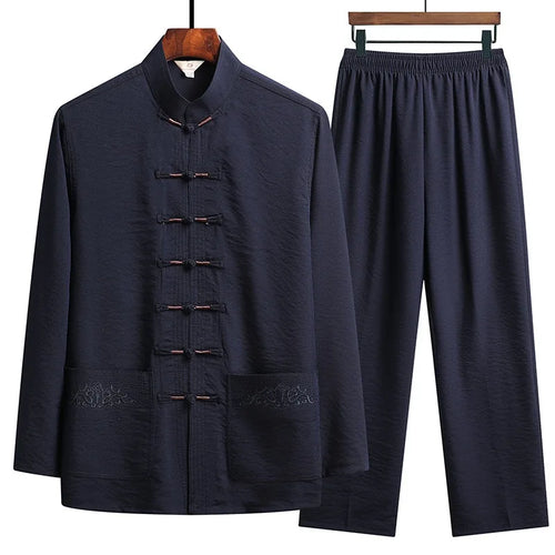 Chinese Traditional Clothing Set Man Fall Linen Buckle Kung Fu Shirt