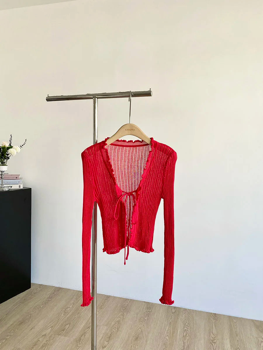 Ribbed Knit Cardigan with Tie Front Ruffled Trim Crop Tops Lightweight