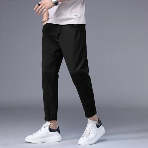 Summer Thin Men's Jeans Korean Style Blue Black Solid Color Stretch