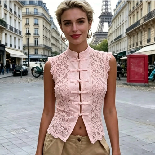 Y2K Aesthetic Solid Color Lace Crop Top Sleeveless Chinese Frog Button