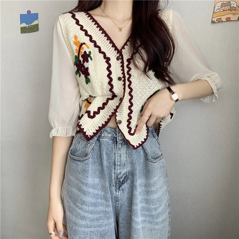 Flower Embroidery Crochet Blouse with Chiffon Sleeve Button Front