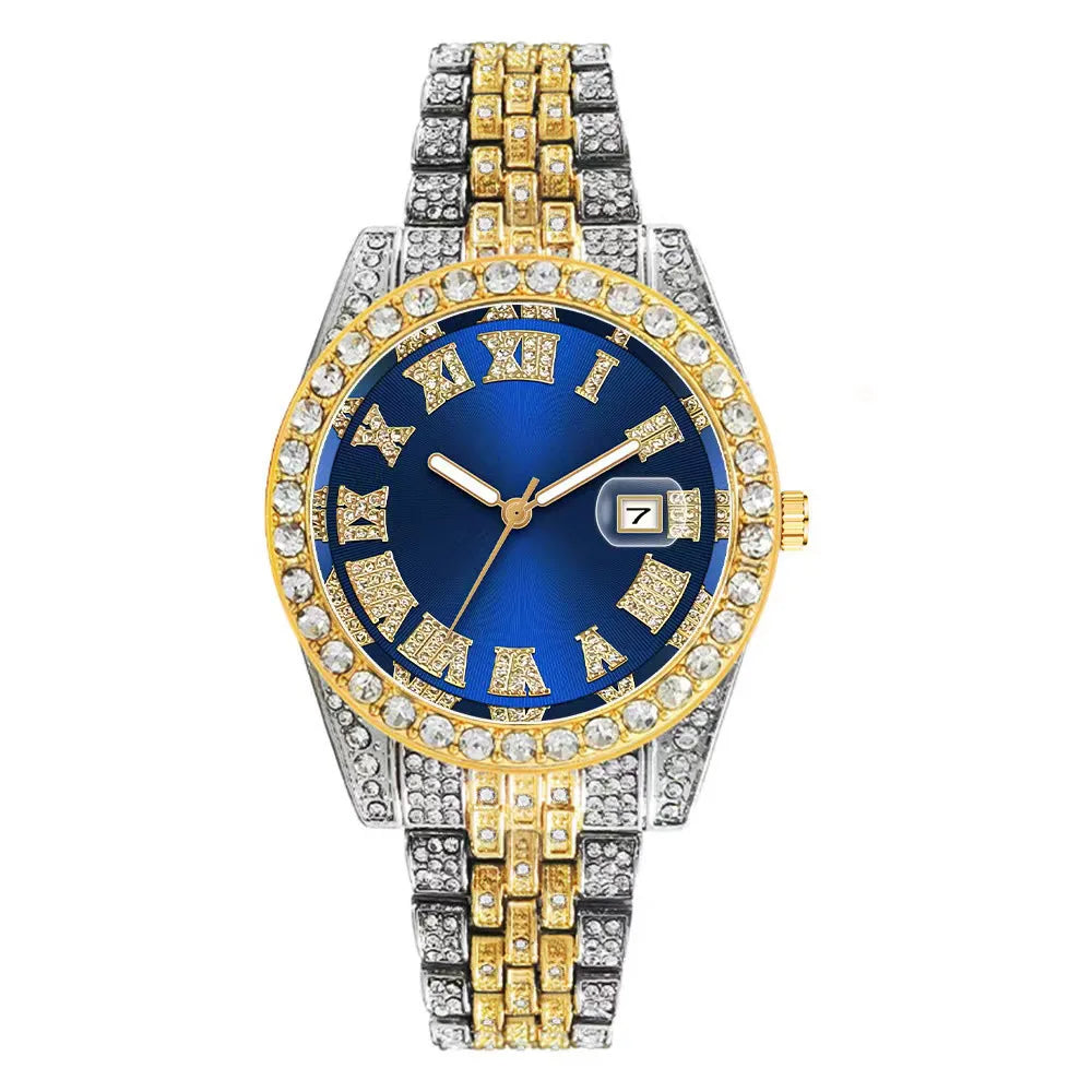 Luxury Hip Hop Stainless Steel Gold Color Calendar Watch For Men Iced
