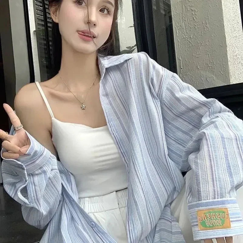Pink Striped Shirt Women Korean Style Loose Long Sleeved Button Up