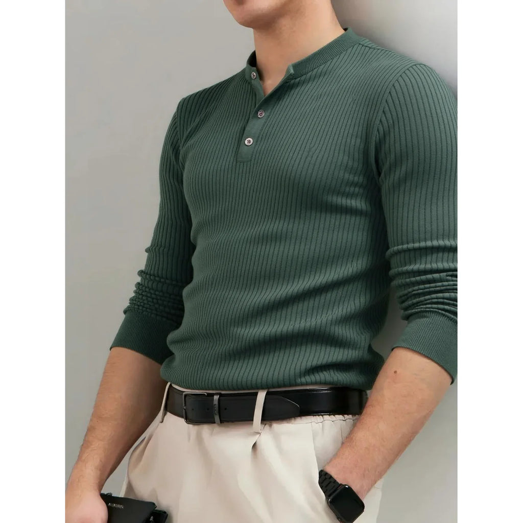AIOPESON Button Placket Polo Shirt Men Ribbed Stripe Long Sleeve