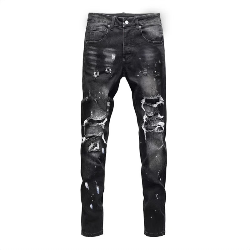 Vintage Washed Distressed Denim Jeans Men Paint Splatter Ripped Slim