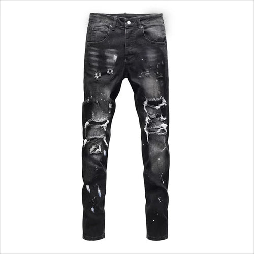 Vintage Washed Distressed Denim Jeans Men Paint Splatter Ripped Slim