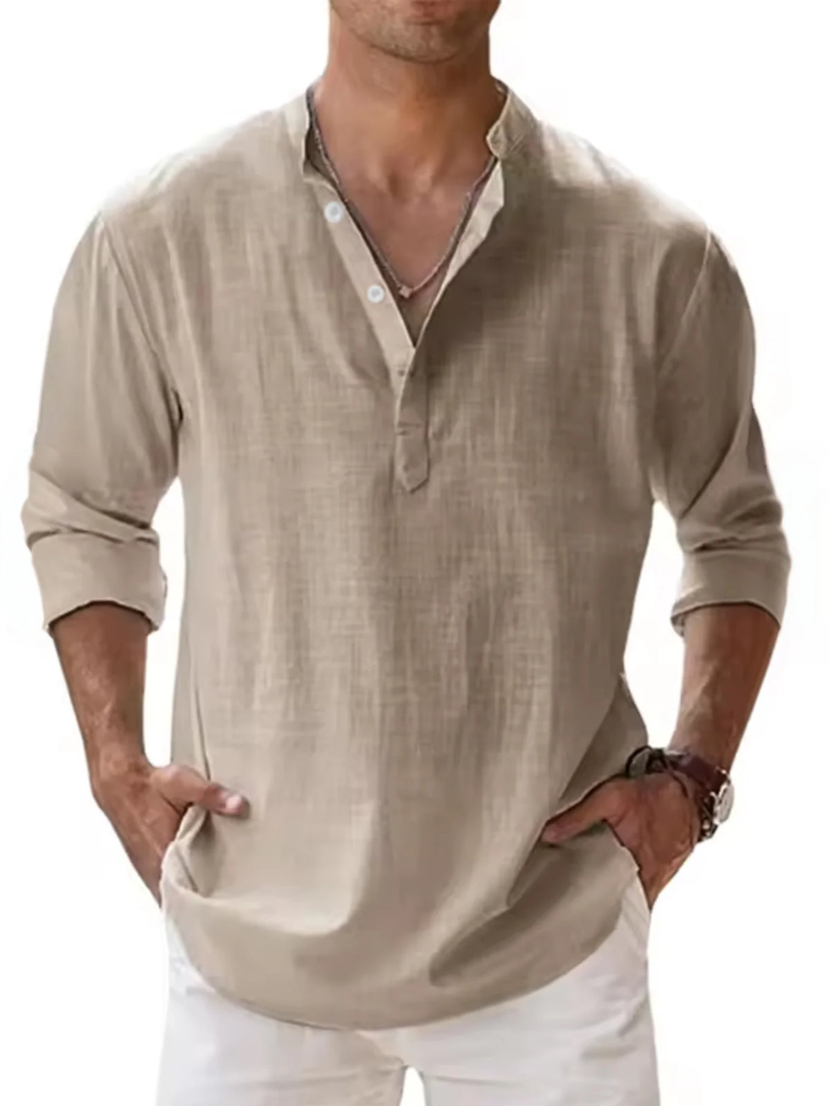 Men's Linen Blend Henley Neck Long Sleeve Shirt, Breathable Partial