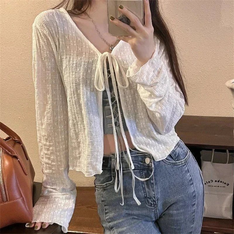 Women's Knitted Summer Top Thin Short Sleeve Bow Design Korean