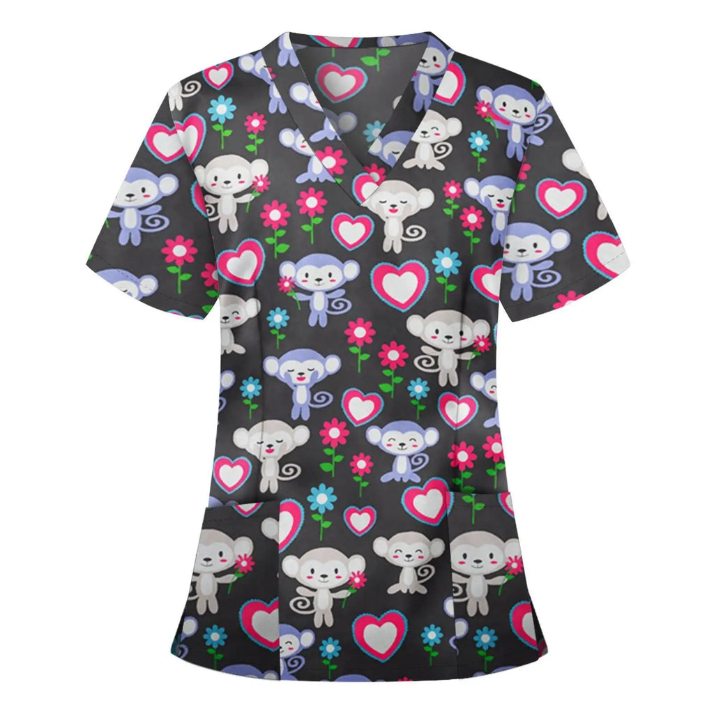 Women Working Uniform Animal Print Cartoon Cat Dog Short Sleeve V-neck