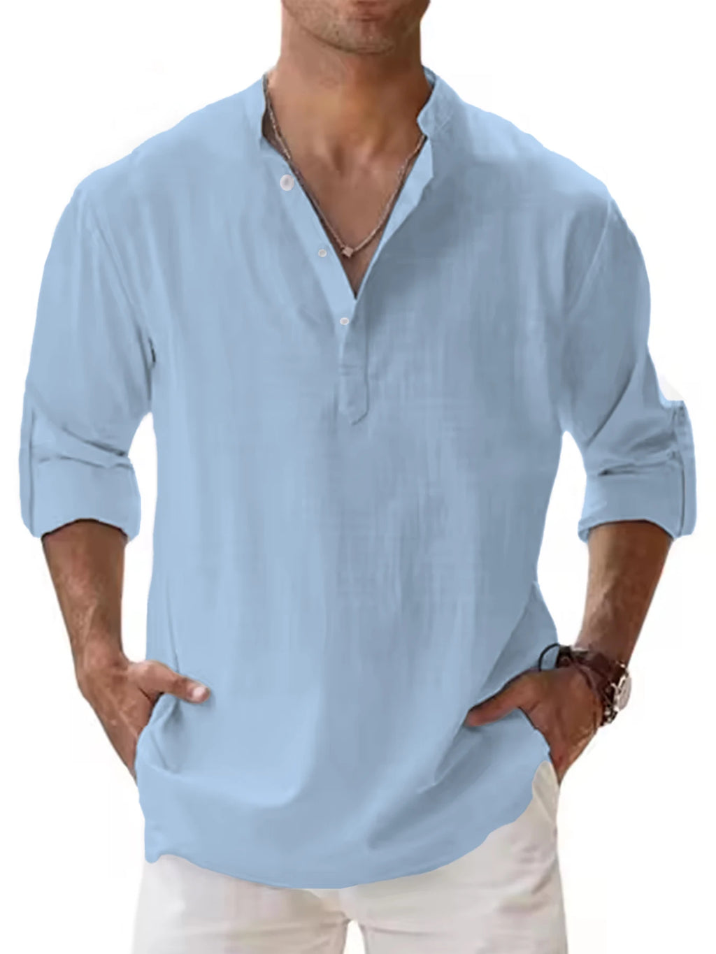 Men's Cotton Linen Henley Shirt Casual Long Sleeve Loose Fit Basic