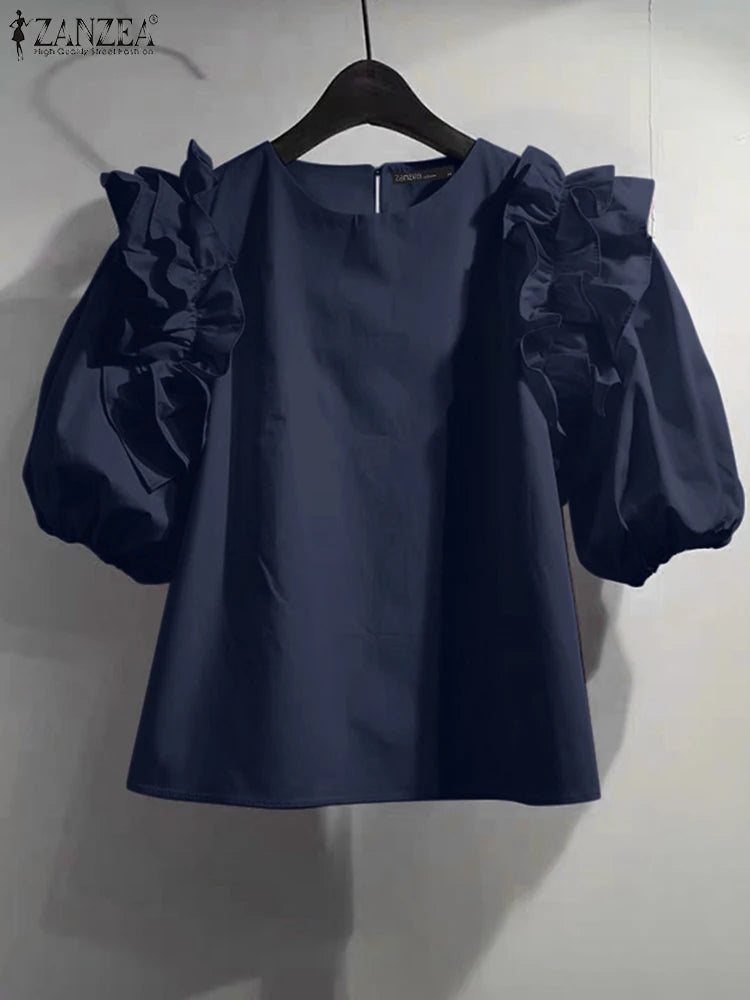ZANZEA Women Summer Chic Blouse Korean Fashion Puff Short Sleeve Tops