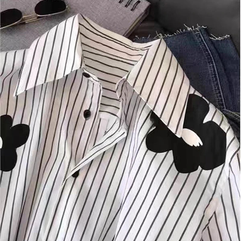 Turn-down Neck Flower Stripe Long Sleeved Loose Shirt And Blouse New
