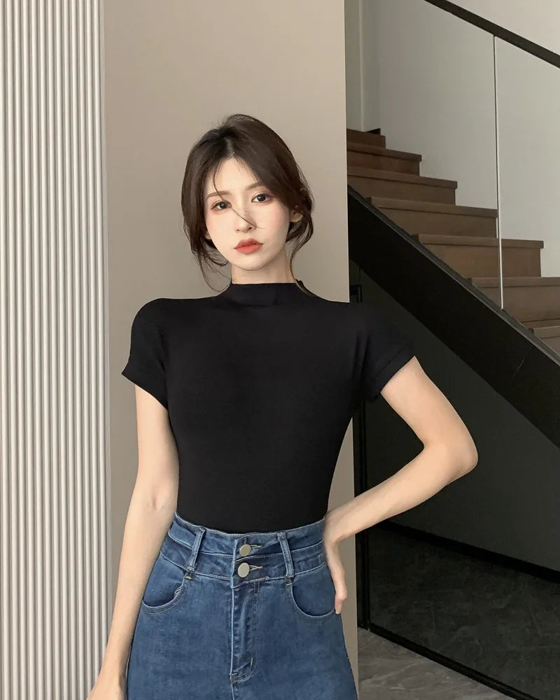 Korean Fashion Basic Crop Top Lady Short Sleeve Crewneck Skinny