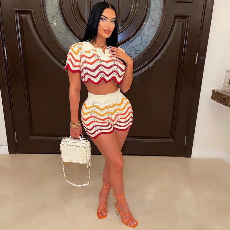 Women Wave Print 2 Piece Set Colorful Knit Stretch Thin Button Crop