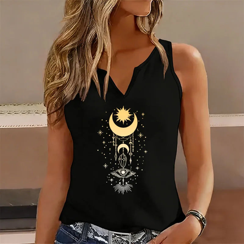 Vintage Star with Moon Sleeveless Tank Top T-shirt V Neck Casual Vest