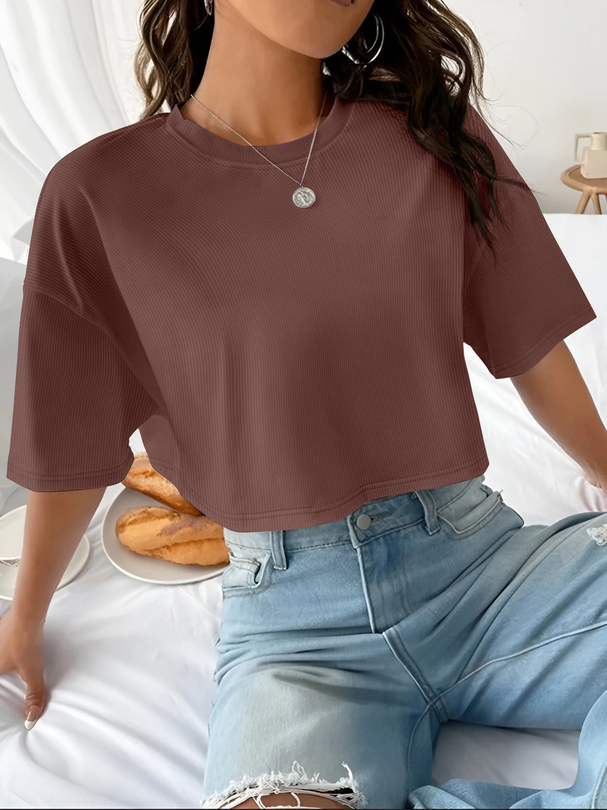 Women's Boxy Fit Ribbed Crop Top Crew Neck Short Sleeve Tee Y2K