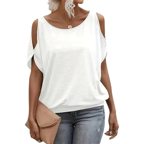 Women Cold Shoulder Short Sleeve T Shirts Back Tie Knot Loose Casual