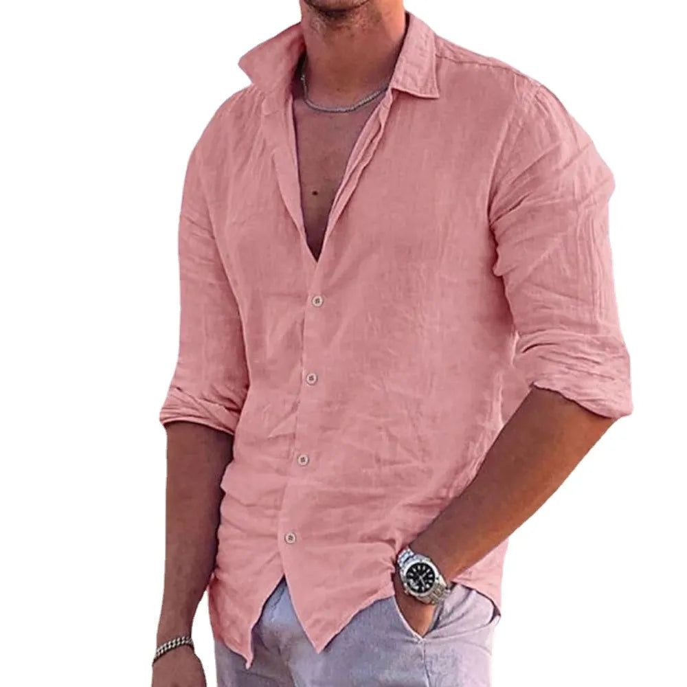 2023 New Men's Shirt Cotton linen Fashion Casual Polo Neck Beach Shirt