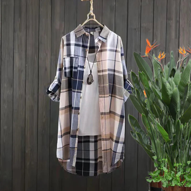 Plaid Cotton Mid Length Blouses Women 2023 Autumn  Long Sleeve Elegant