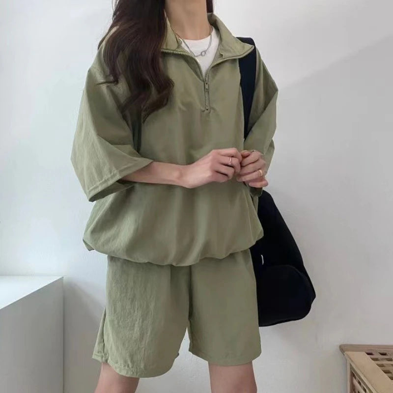 New in Summer Korean Chic Sports Leisure Polo Shirt Set Women's Loose