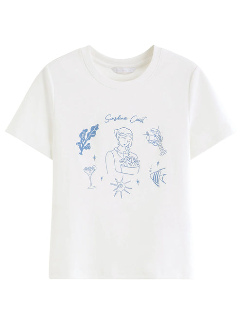 FSLE 2026 Summer Women's White Fitted Straight Cut Graphic Print