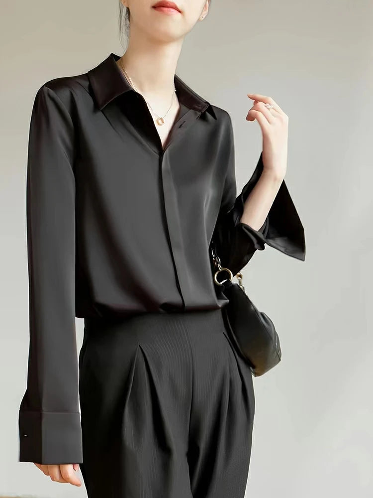 Women's Satin Blouse Long Sleeve French Fashion Solid Color Shirts