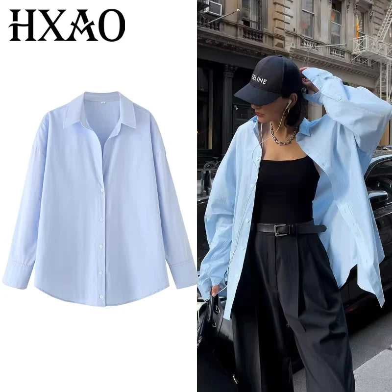 HXAO 2025 Women's Shirt Long Blue Shirt Women Spring Long Sleeve
